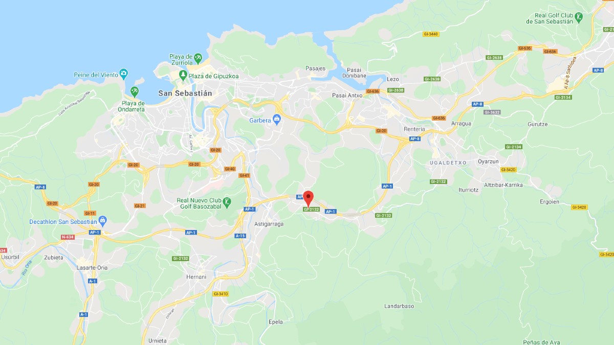 Plano de la ubicación de la Sidrería Irigoien. Ruta desde San Sebastián y otras poblaciones cercanas.