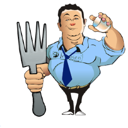 Caricatura de Iñaki Irigoien sujetando un tenedor gigante y tomando sidra